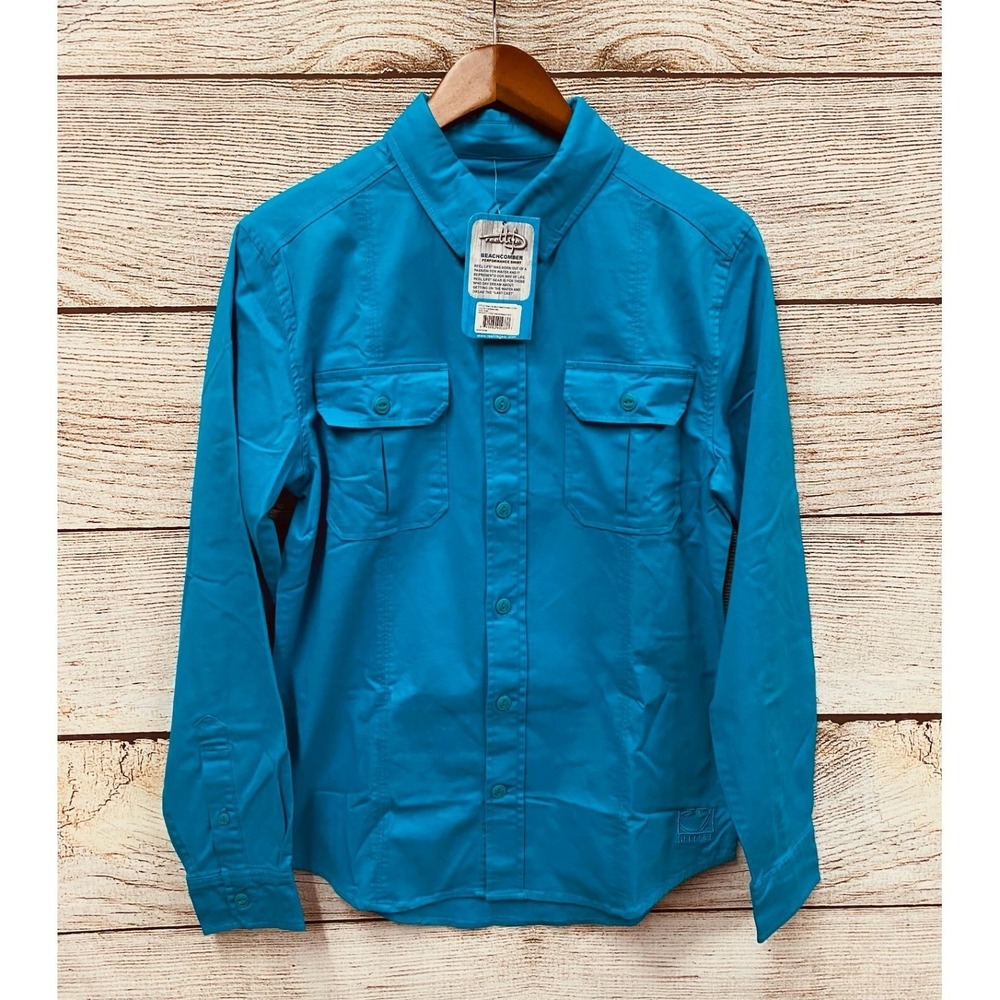 Reel Life Fishing Shirt Mens Small Teal Beachcomber Stretch Button Front New‎
